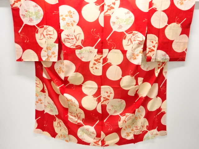 アンティーク　ジョーゼット　団扇に朝顔模様長襦袢